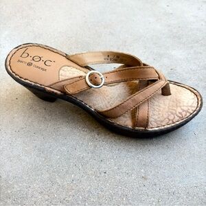 BOC Born Concept Womens 8 Slip Tan Leather Slip On Strapy Toe Sandals Wedge Heel
